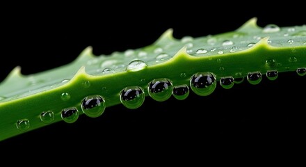 Macro close-up of fresh green aloe vera leaf with sparkling water droplets on a dark background