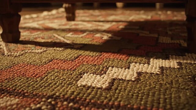 Close-up of rug with traditional pattern under a wood table, showcasing texture and design.