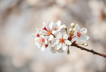 Obraz premium Delicate white blossoms on a soft, blurred white background, closeup, design