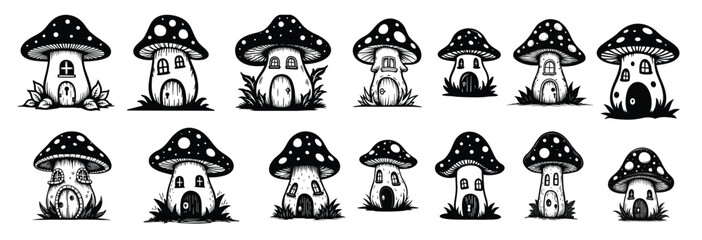 Black and white mushroom houses with doors and windows