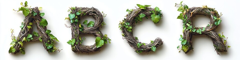 Letters A, B, C, and R made from intertwined brown twigs and green leaves on a white background symbolizing nature and growth