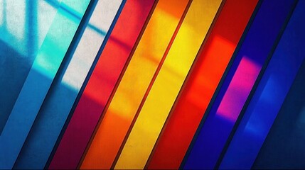 Abstract diagonal stripes of vivid colors including blue, red, orange, yellow, and purple with shadows creating a vibrant and dynamic composition