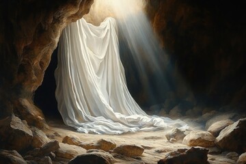 Light shining through cave opening illuminating a flowing white cloth draped inside rocky cave
