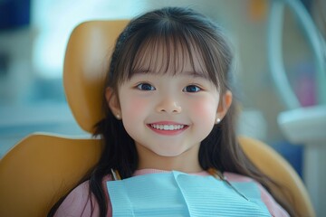 Smiling young girl sitting in a dental chair wearing a dental bib with bright eyes and healthy teeth expressing happiness and comfort