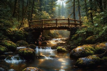 Tranquil forest scene with a rustic wooden bridge over a gently flowing stream surrounded by moss-covered rocks and lush green trees bathed in soft sunlight