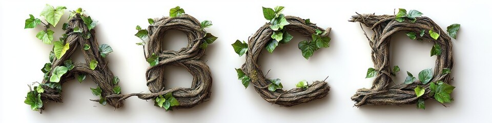 Alphabet letters A, B, C, and D created from intertwined natural tree branches with green leaves on a white background, symbolizing nature and growth