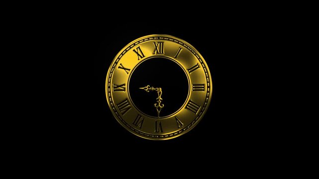 A luxurious gold wall clock rotating gracefully in black background