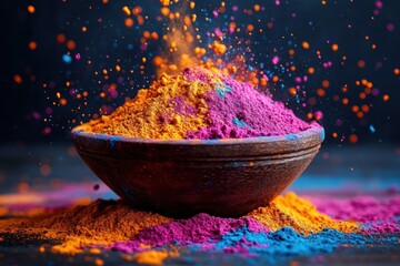 Close-up of a wooden bowl overflowing with vibrant orange, pink, and blue powder pigments creating a dynamic splash effect on a dark background