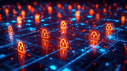 Glowing orange padlocks connected by blue digital circuitry representing network security and data protection in a futuristic environment