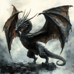 Majestic black dragon with large, tattered wings and spiked scales standing on rocky terrain surrounded by mist, exuding power and mystery