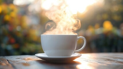 Obraz premium White ceramic cup filled with steaming hot beverage on a saucer on wooden table with blurred colorful floral background and warm sunlight