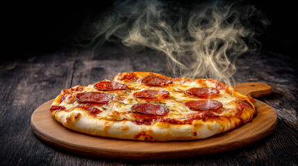 hunger. A close-up of a freshly baked pepperoni pizza with melted cheese and steam rising. representing modern convenience, menu design, designed for culinary blogs and recipe cards for restaurants.