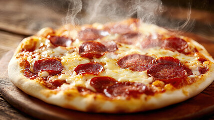 hunger. A close-up of a freshly baked pepperoni pizza with melted cheese and steam rising. representing modern convenience, menu design, designed for culinary blogs and recipe cards for restaurants.
