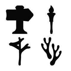 Diverse black silhouette set: signpost, torch, organic shapes