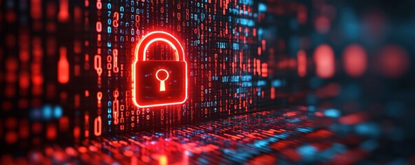 Glowing red padlock floating amidst cascading binary code in blue and red tones symbolizing cybersecurity and data protection