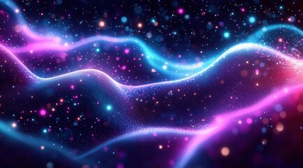 Abstract visualization of glowing particles and waves in vibrant neon colors creating a dynamic and futuristic atmosphere