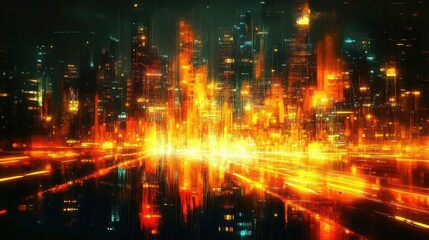 Bright futuristic cityscape at night with glowing orange and yellow lights creating a dynamic, intense atmosphere of energy and movement