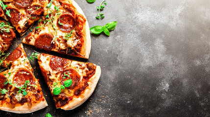 hunger. Flat lay of a freshly made pepperoni pizza with melted cheese, presented on a clean background. representing modern convenience.
