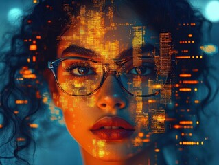 Close-up of a young woman with glasses and curly hair illuminated by abstract orange digital cityscape reflections on her face conveying futuristic and technological atmosphere