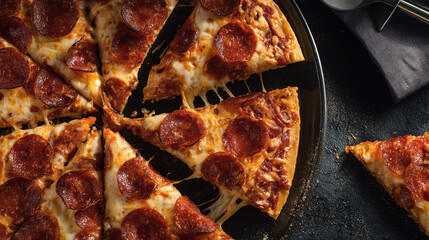 hunger. Flat lay of a freshly made pepperoni pizza with melted cheese, presented on a clean background. representing modern convenience.
