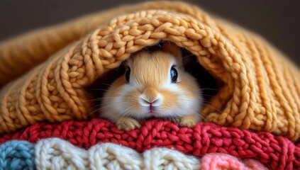 Small light brown rabbit peeking out from under a cozy orange knitted blanket resting on red and multicolored knitted layers, evoking warmth and comfort