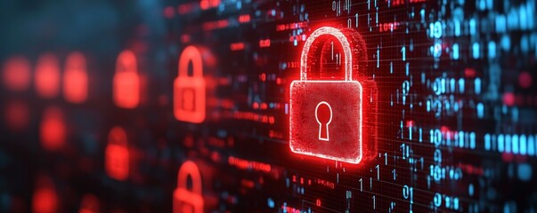 Glowing red digital padlock icons with binary code overlay representing cybersecurity and digital data protection
