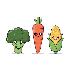 Cute Cartoon Vegetables: Broccoli Carrot and Corn Characters.
