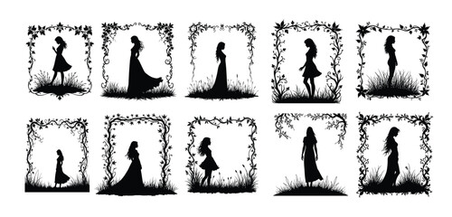 Black silhouette frames with women and floral elements