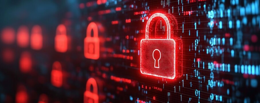 Glowing red digital padlock icons with binary code overlay representing cybersecurity and digital data protection - Powered by Adobe