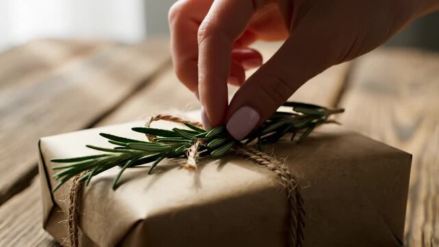 Hand Decorating Gift Box with Rosemary on Wooden Table.