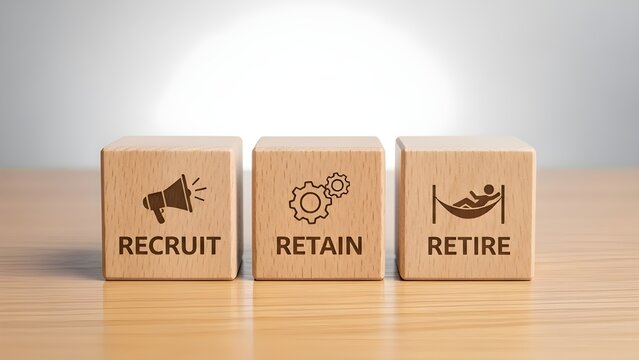 Recruit retain retire stages of employee lifecycle depicted on wooden blocks