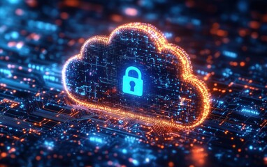 Glowing digital cloud icon with a lock symbol indicating secure cloud storage surrounded by vibrant circuitry and data connections