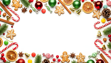 Vector holiday frame with Christmas balls, candy canes, and snowflakes on a pine branch border