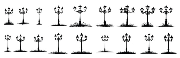 Black silhouette ornate street lamps with grass lamppost