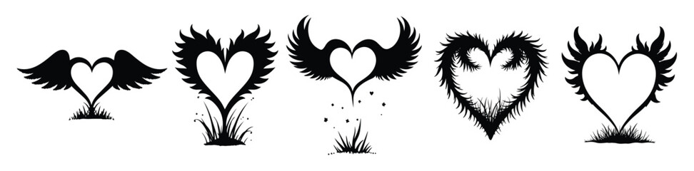 Black silhouette heart shapes with wings and grass