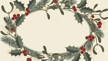 Festive Christmas Wreath with Holly, Mistletoe, and Pine Branches on a Light Background.