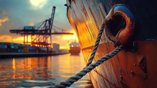Close-up of a mooring rope tied to a bollard on a ship with a harbor and cranes visible at sunset reflecting golden light on the water - Powered by Adobe