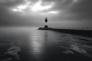 gloomy black and white scene of a lighthouse at the end of a long pier stretching over calm water under a cloudy sky