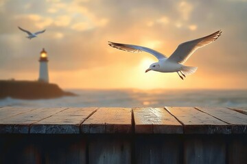 seagulls flying near a wooden pier at sunset with a lighthouse in the background and a calm ocean under a cloudy sky