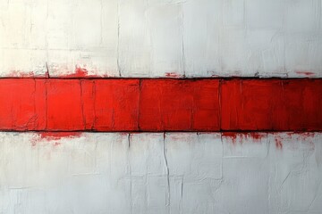 Abstract painting with a bold red horizontal stripe on textured white background with visible brushstrokes and cracks