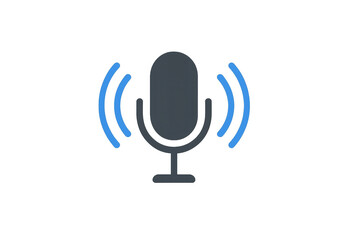 Microphone generating blue sound waves, representing recording, podcasting, voice messaging, radio, and digital sound on a transparent background