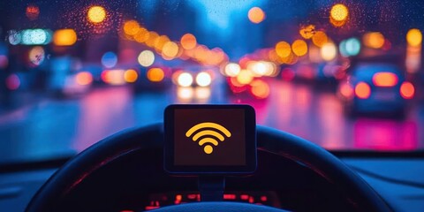 View from inside a car at night showing a steering wheel and a screen displaying a wifi symbol with blurred city lights and traffic in the background through a rain-speckled windshield