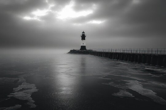 gloomy black and white scene of a lighthouse at the end of a long pier stretching over calm water under a cloudy sky - Powered by Adobe