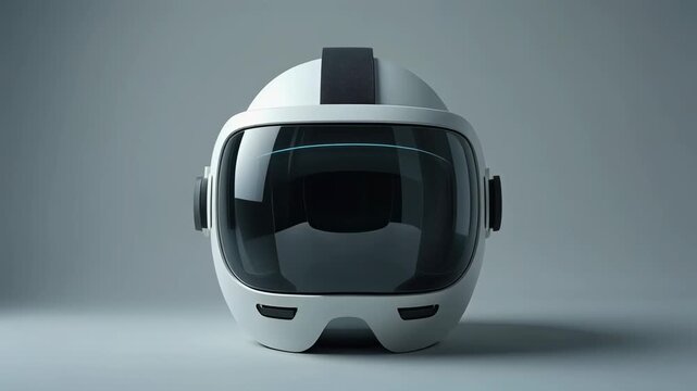 A modern, minimalist white virtual reality headset with a dark visor on a plain background.