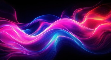 Vibrant colorful abstract flowing waves with smooth, glowing light streaks blending pink, purple, blue, and red hues on a dark background, evoking energy and movement