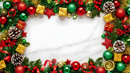 Christmas wreath frame with green fir branches, pine cones, and red holly ball decoration on a white background