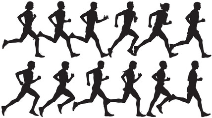 Set of running people silhouettes vector illustration of male and female athletes in motion isolated on white background