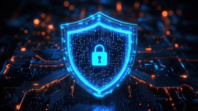 Glowing digital shield with a lock symbol representing cybersecurity and data protection over a dark circuit board background with bright orange and blue light accents - Powered by Adobe