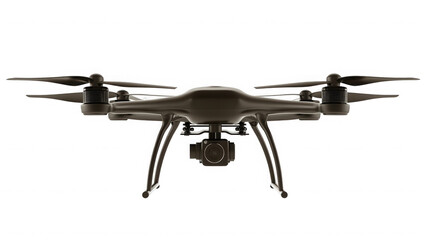 A front view of a dark gray drone with a camera attached to the bottom on  on transparent background