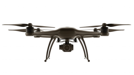A front view of a dark gray drone with a camera attached to the bottom on  on transparent background